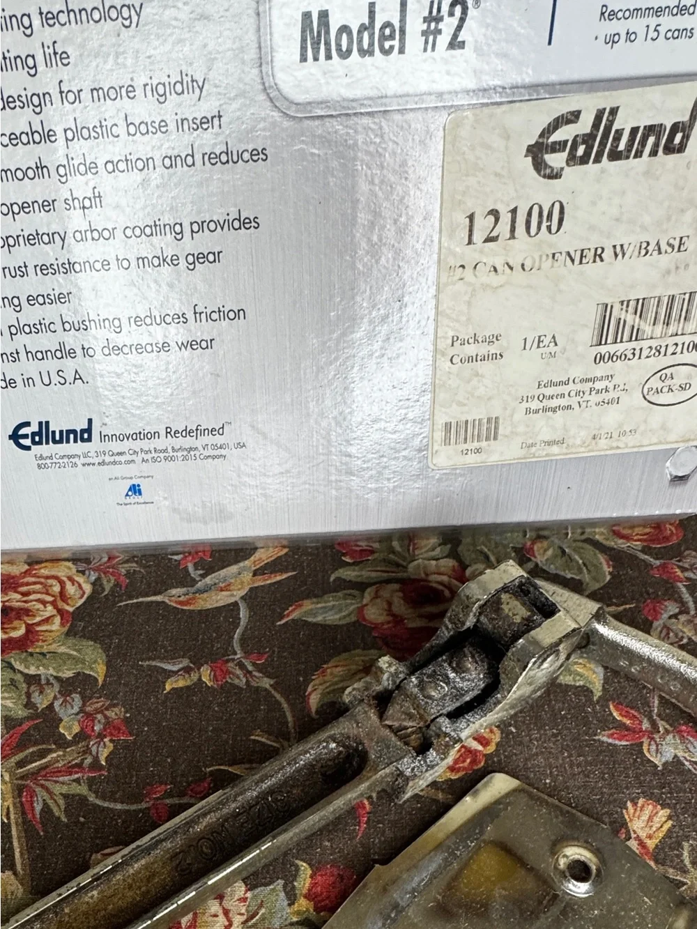 Vintage Edlund Size No 2 Commercial Can Opener Heavy Duty Table Mount Base USA